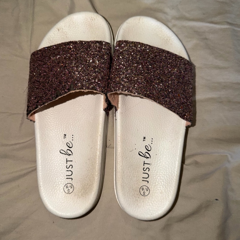 Just Be Glitter Slide Sandals in Rose Gold Glitter